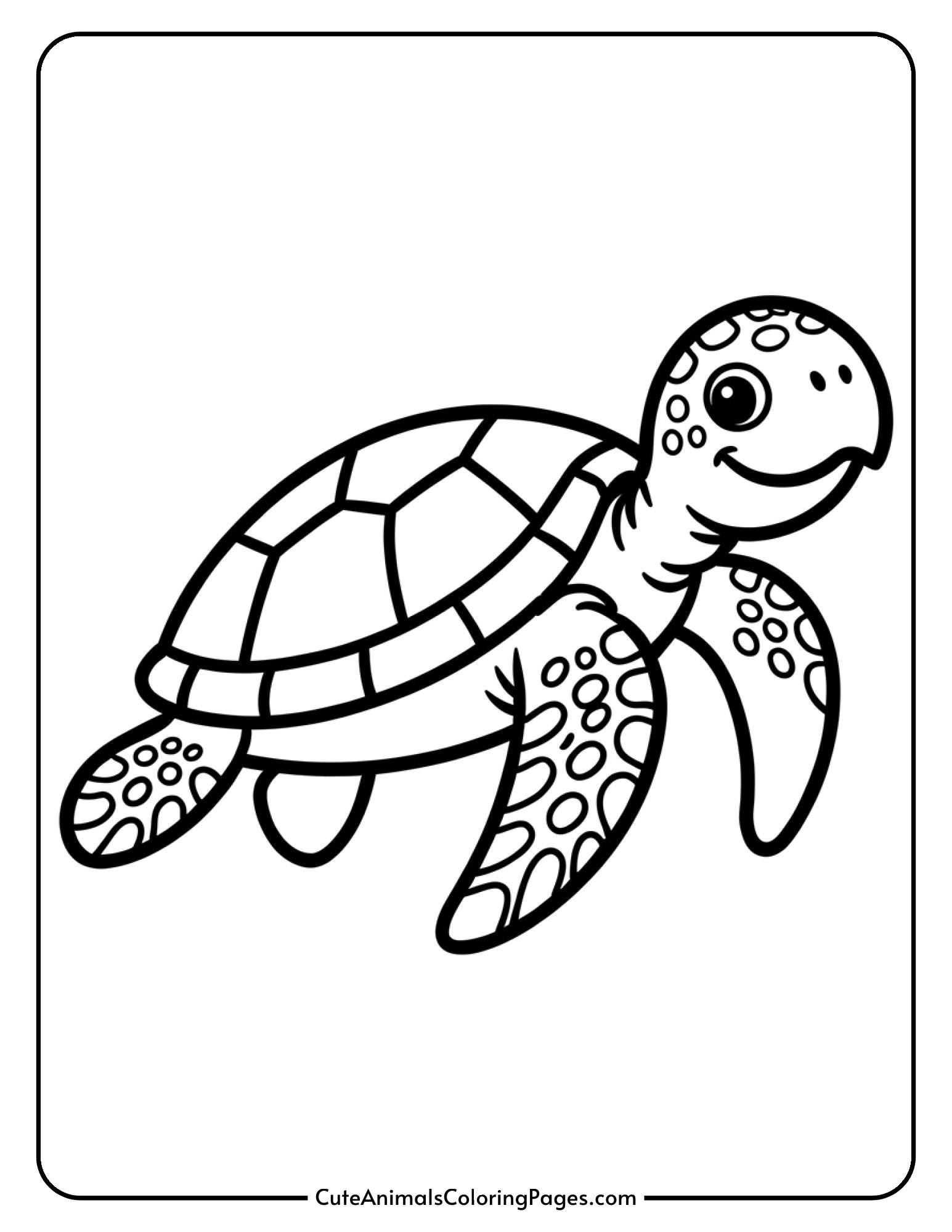 A simple sea turtle outline with a friendly smile and easy-to-color shell sections.