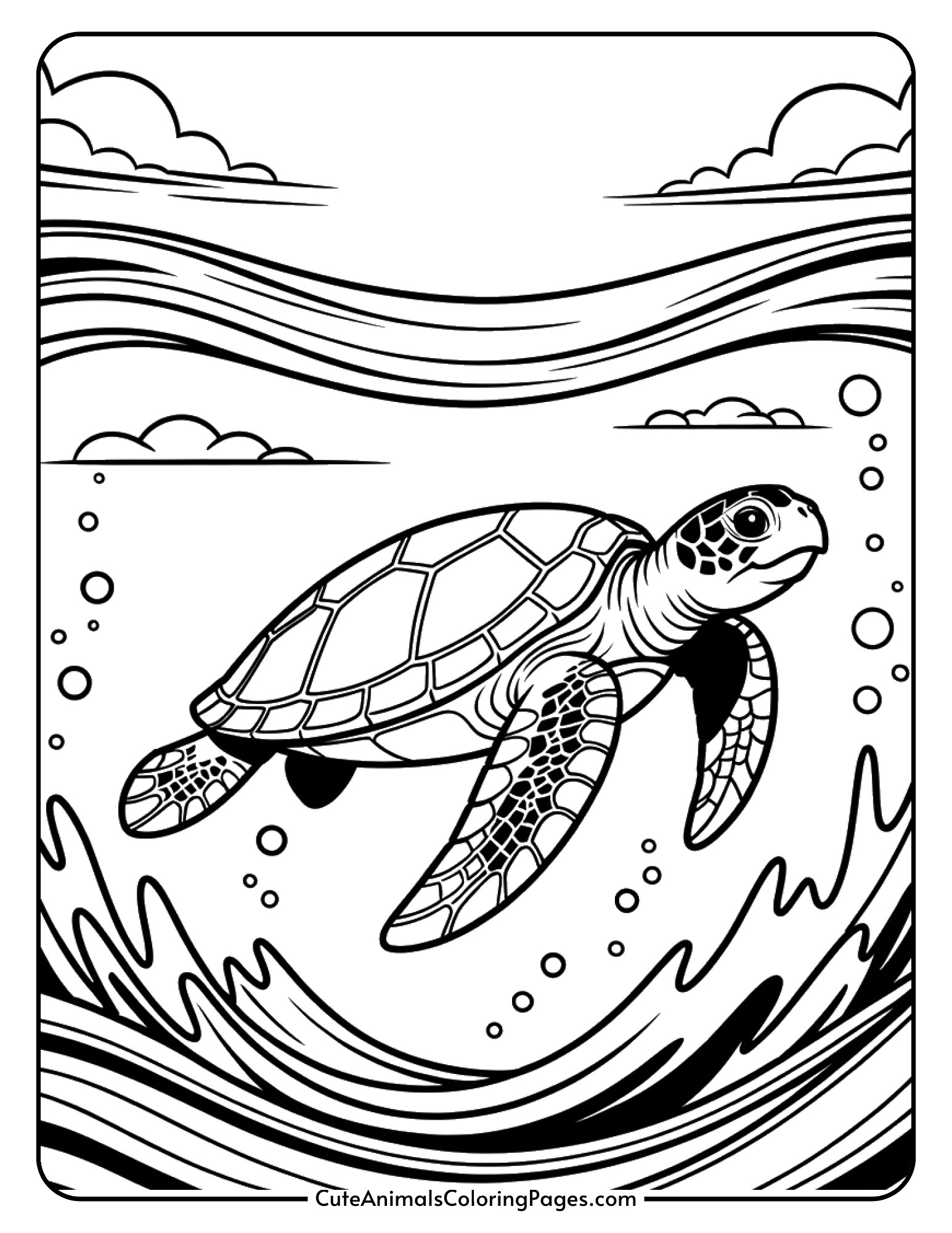 A sea turtle coming up for air with ocean waves and bubbles surrounding it.