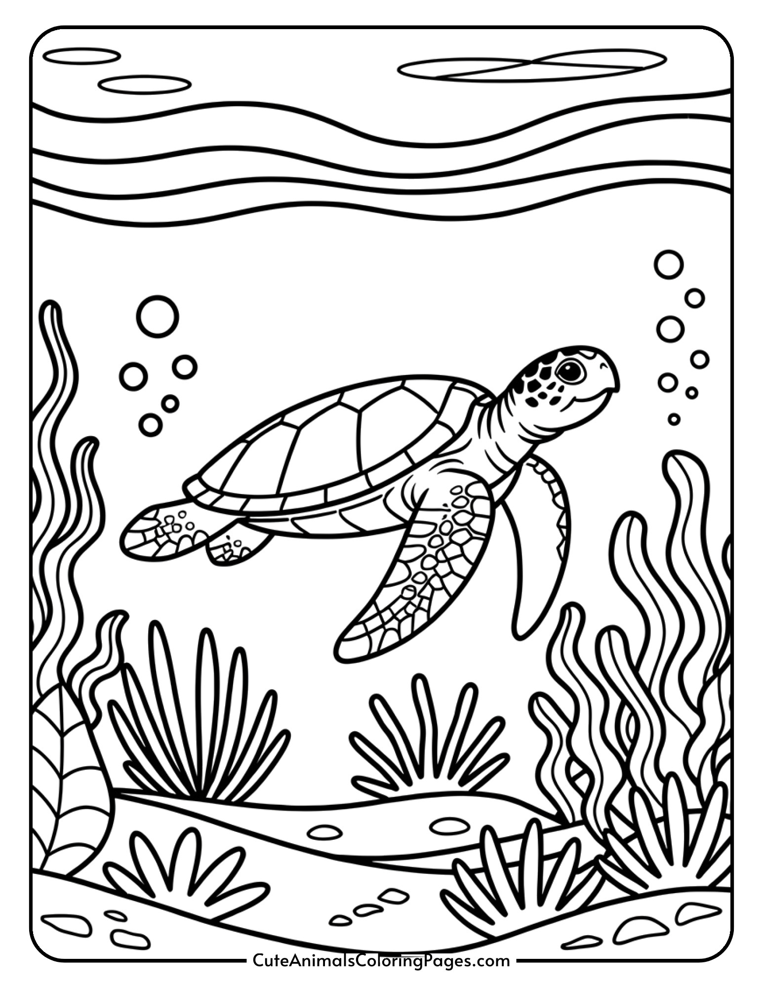 A sea turtle gliding past tropical underwater plants and swaying seaweed.