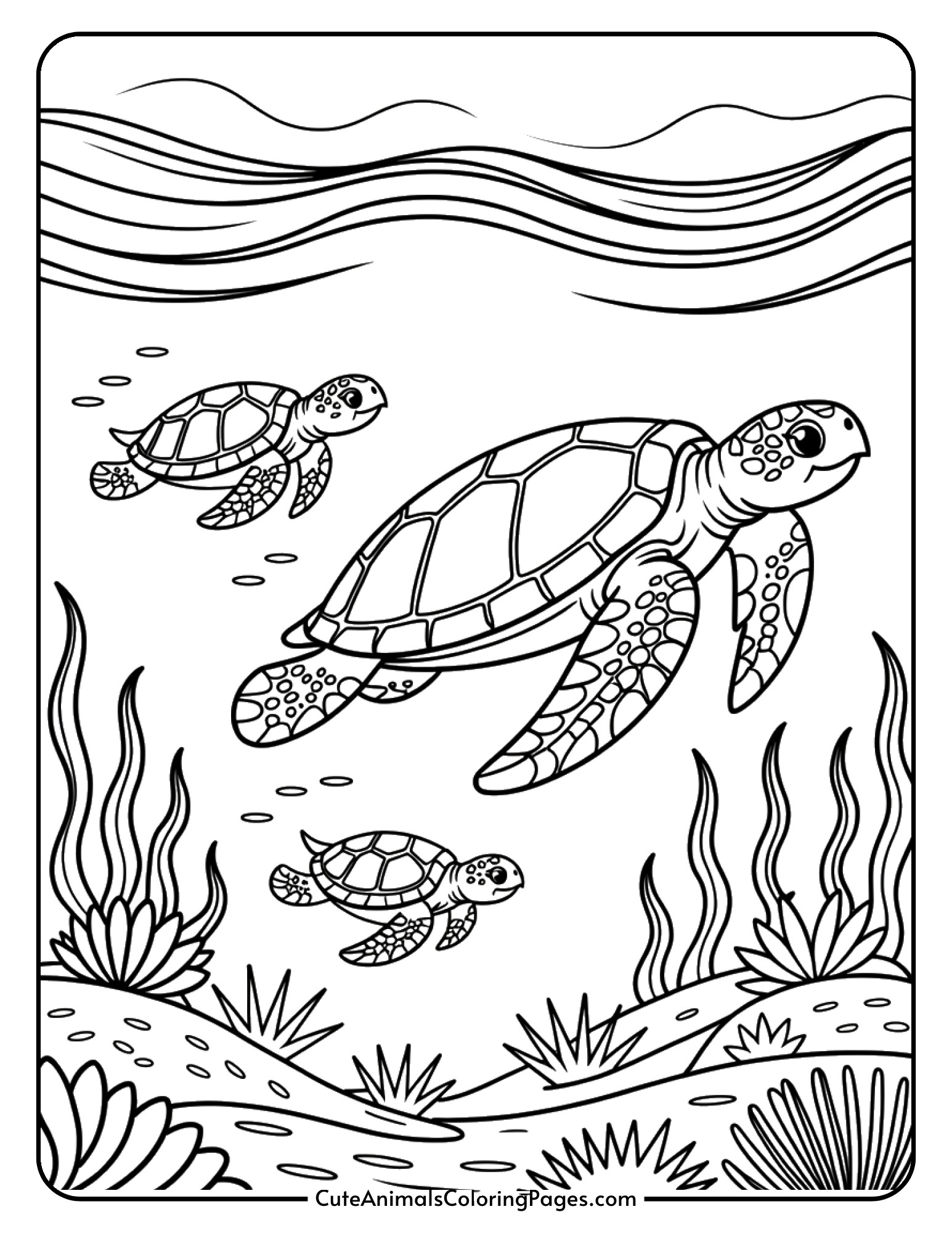 A mother sea turtle leading two baby turtles through the ocean water.