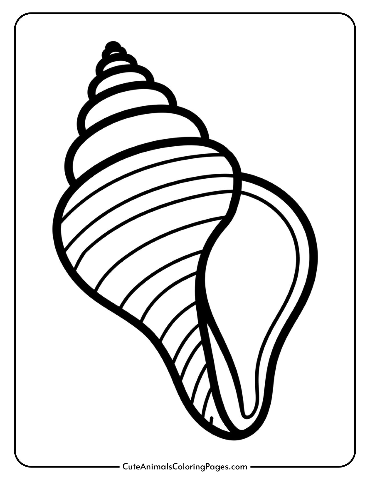 A simple spiral seashell with curved lines perfect for young children to color.