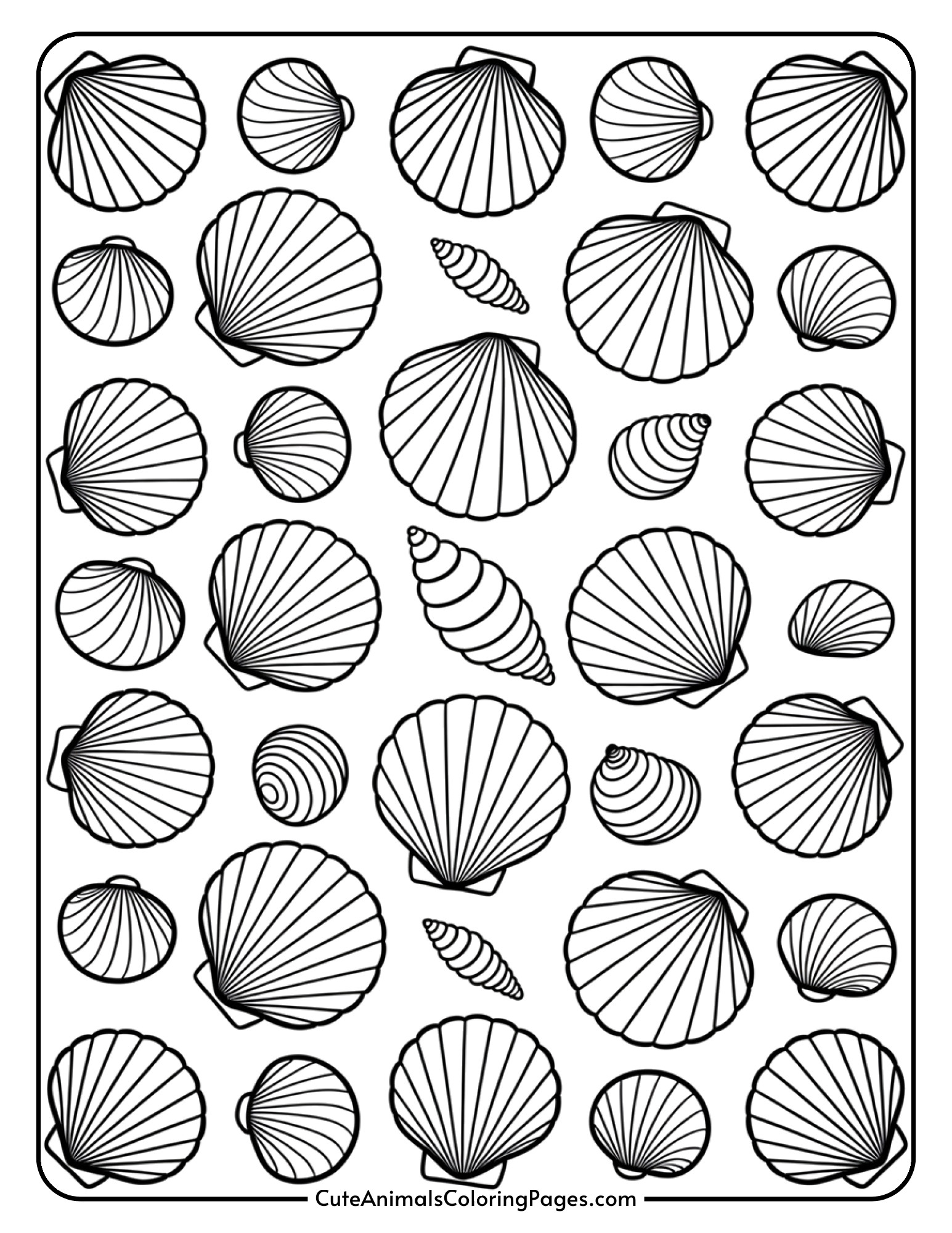 A collection of different seashells scattered across the page ready for coloring.