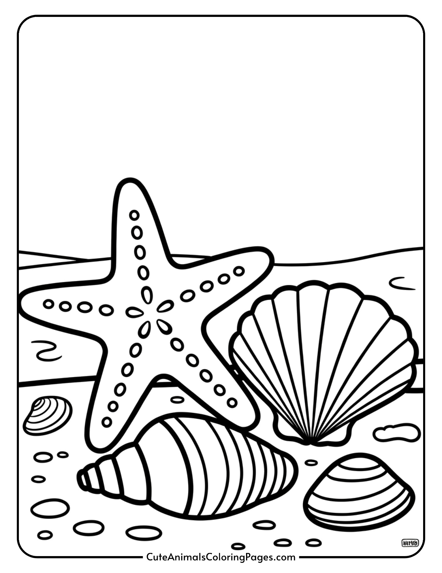 A starfish resting beside seashells with pebbles creating a beach scene.