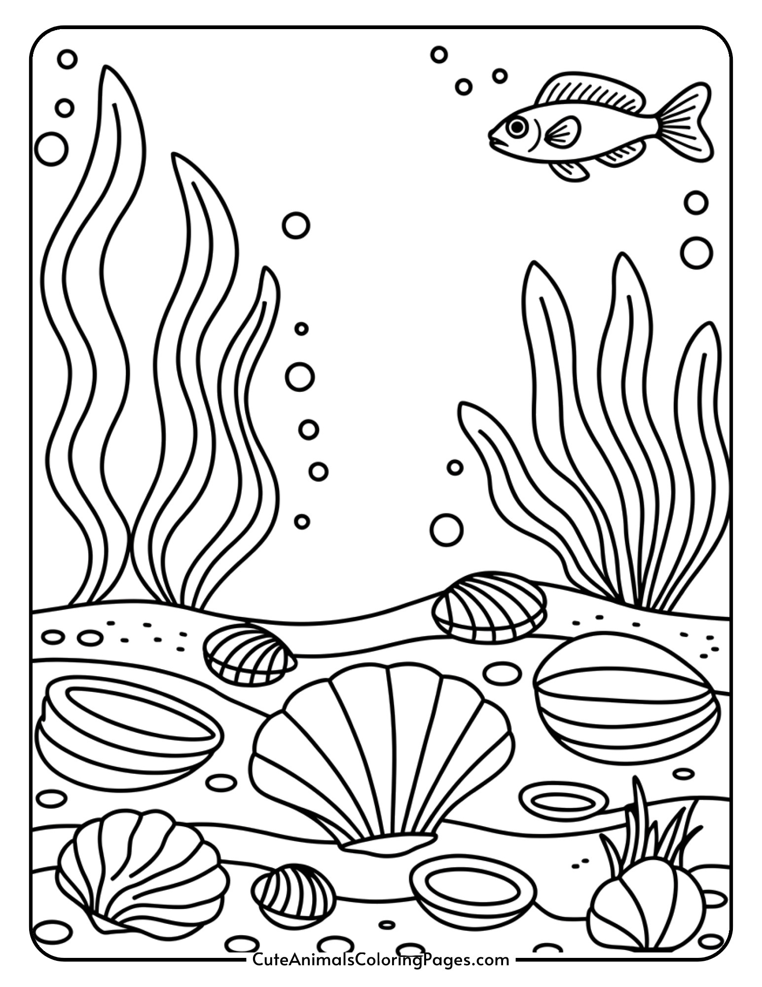 Seashells resting on the ocean floor surrounded by seaweed and bubbles.
