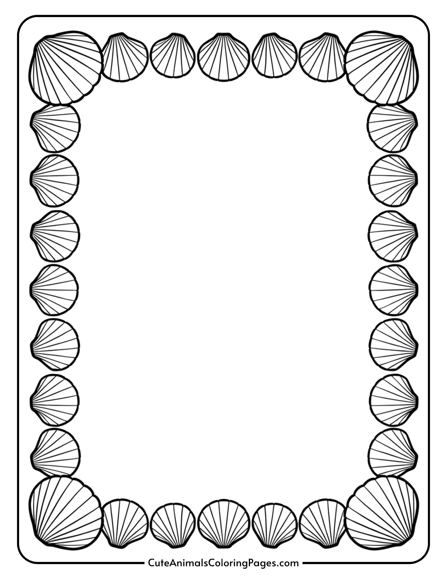 A decorative frame made entirely of small seashells surrounding a blank center space.