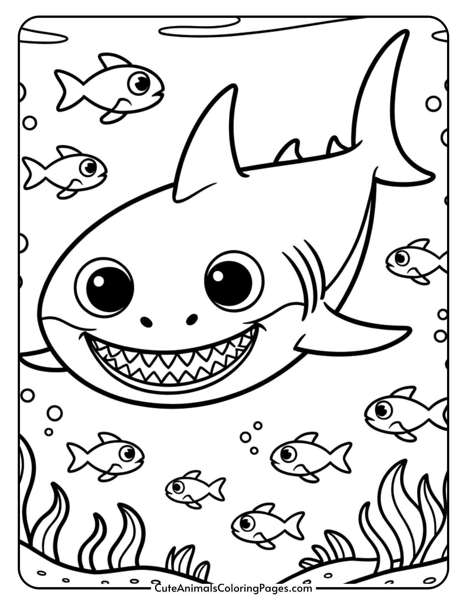 A happy cartoon shark with a big friendly smile and rounded features swims alongside small fish.