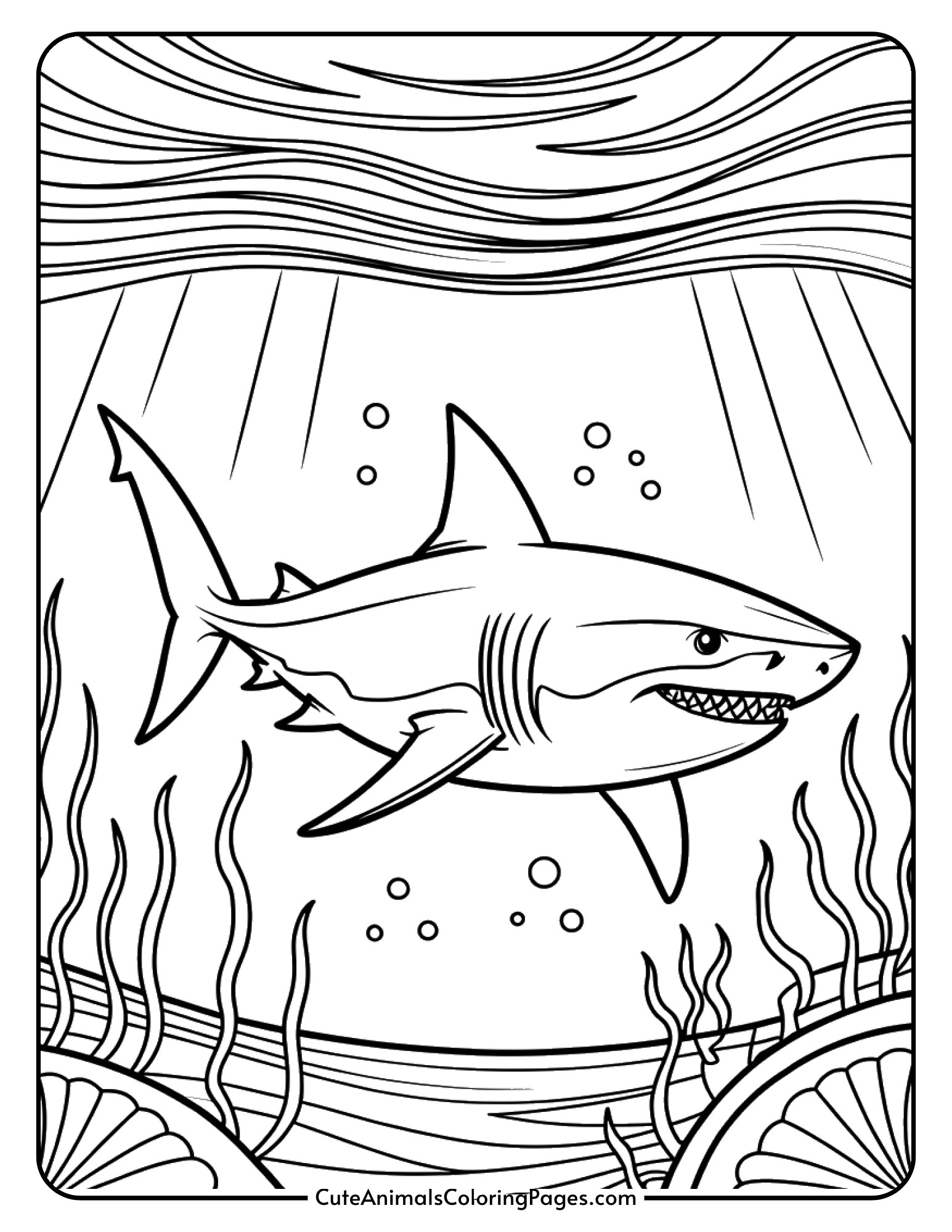 A detailed great white shark swims through ocean waters with visible gills and fins.