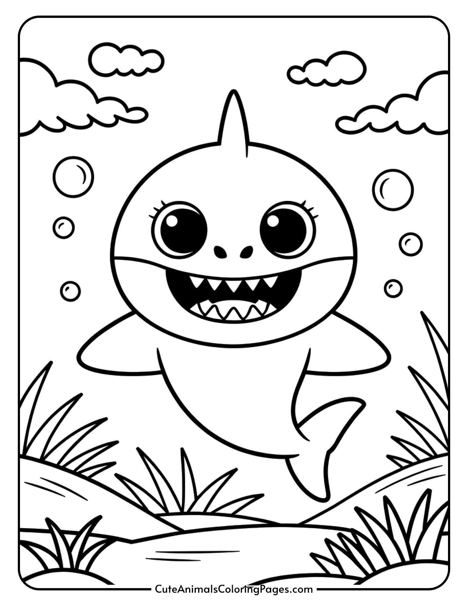 An adorable baby shark with oversized eyes and a small body floats in the water.