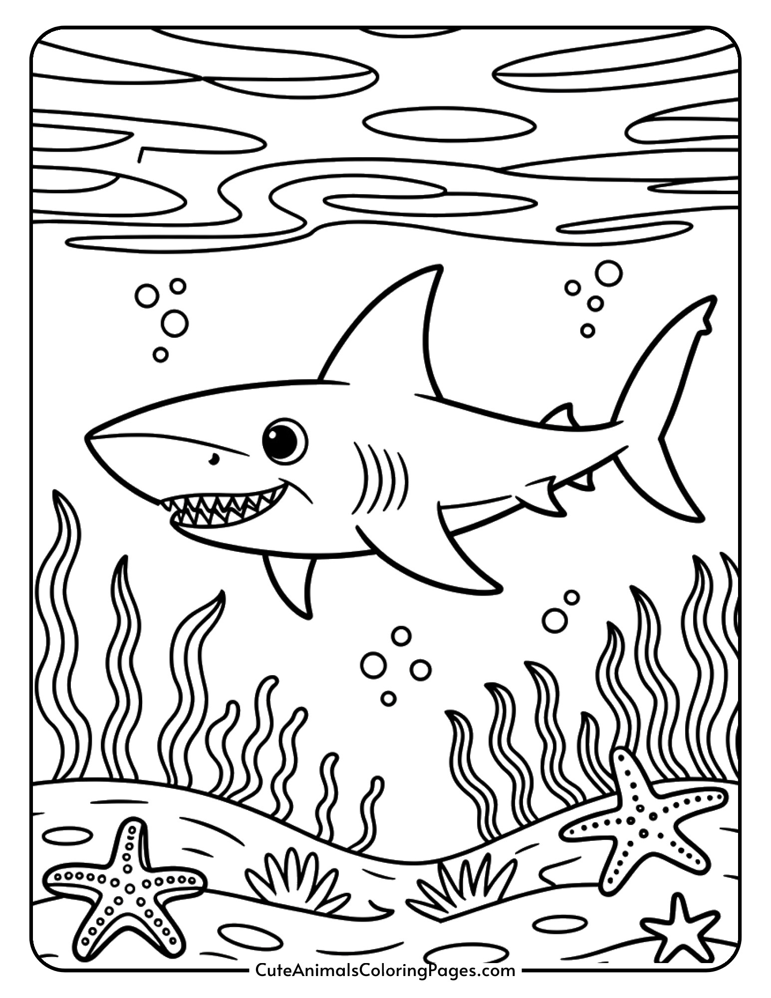 A shark swims through an underwater scene complete with seaweed, starfish, and floating bubbles.