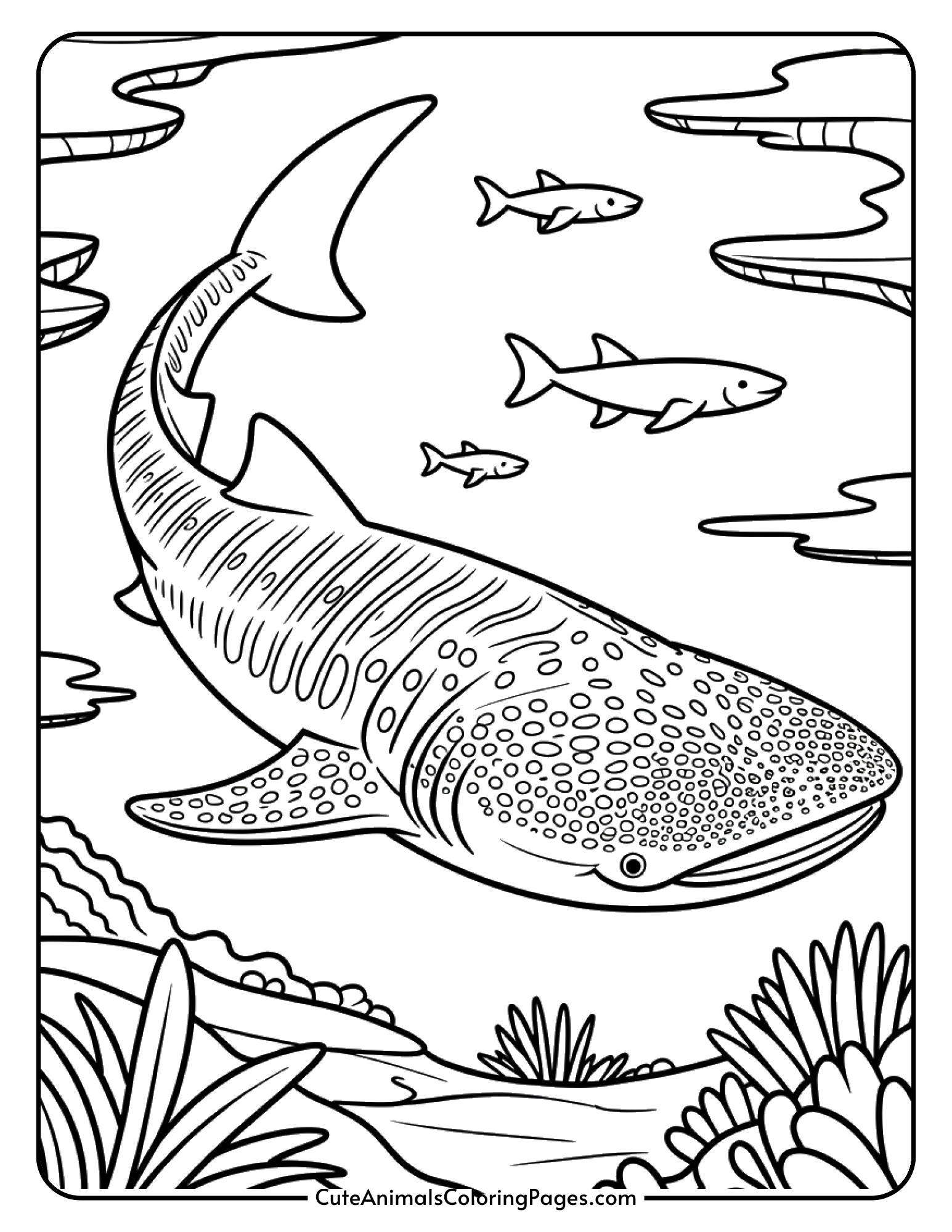 A large whale shark covered in distinctive spots glides peacefully through the water.