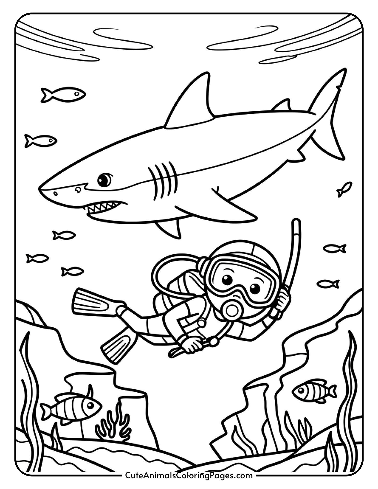 A shark swims calmly near a scuba diver in full diving gear as small fish swim around them.