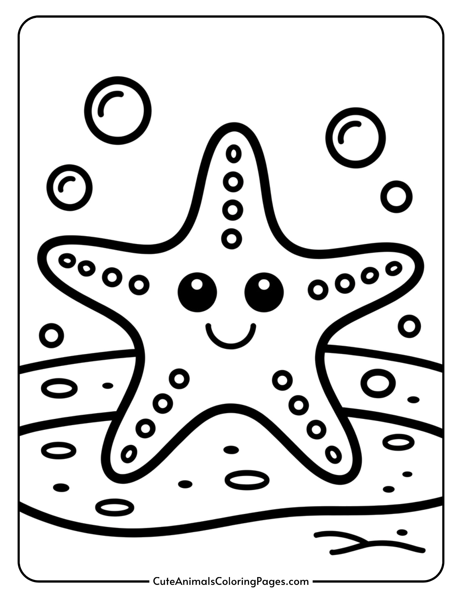 A friendly smiling starfish with thick outlines sitting on the ocean floor surrounded by bubbles.