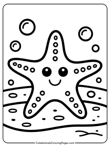 A friendly smiling starfish with thick outlines sitting on the ocean floor surrounded by bubbles.