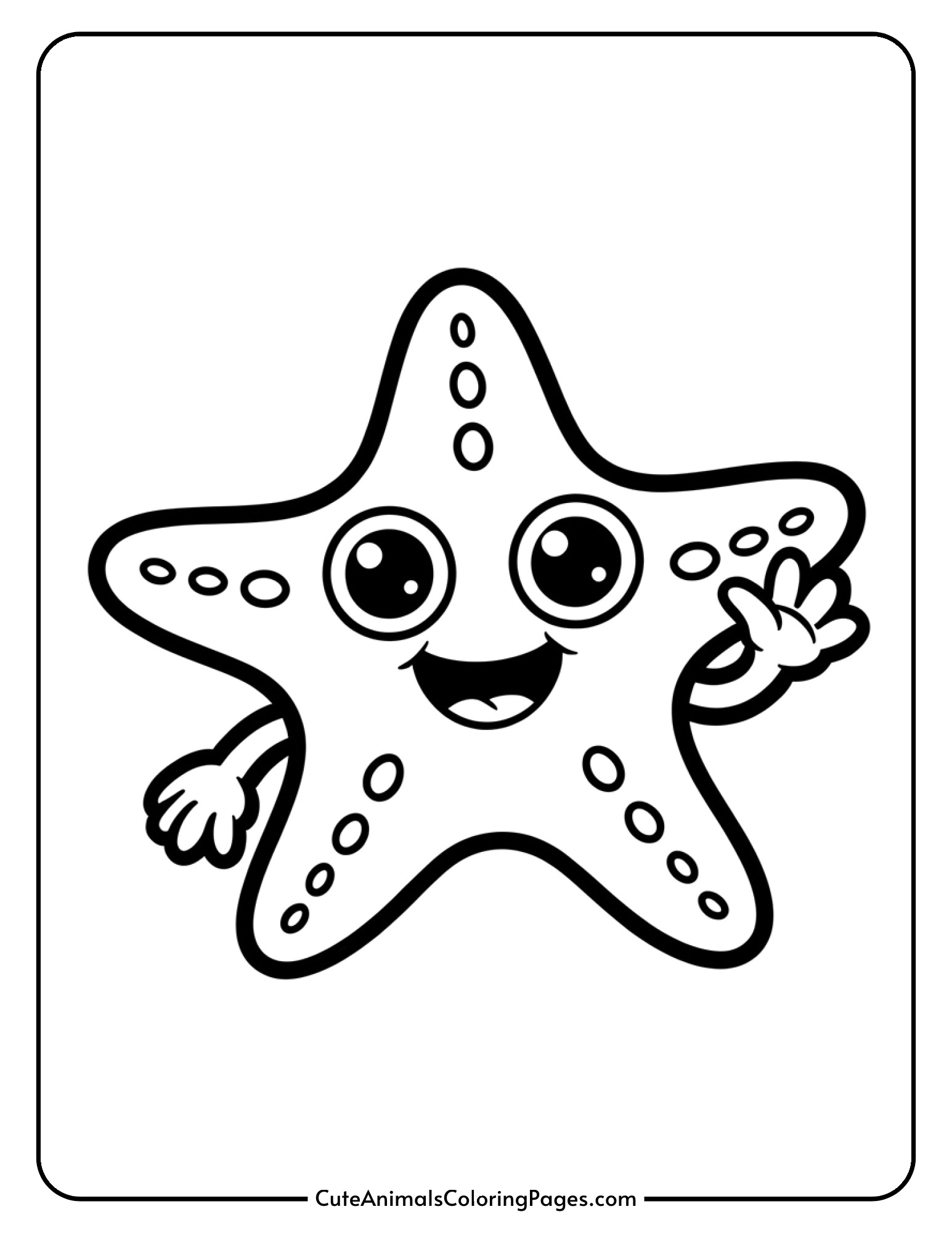A cute cartoon starfish character with large friendly eyes and one arm raised in a cheerful wave.