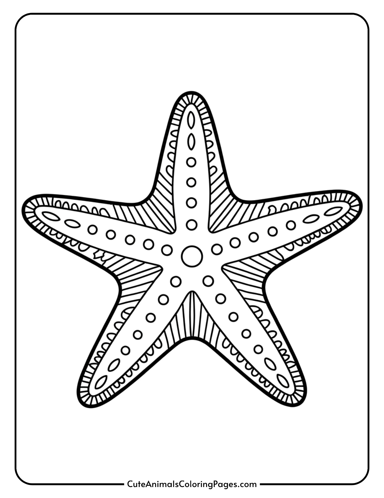 A starfish featuring intricate decorative patterns with dots, swirls, and geometric designs within its arms.