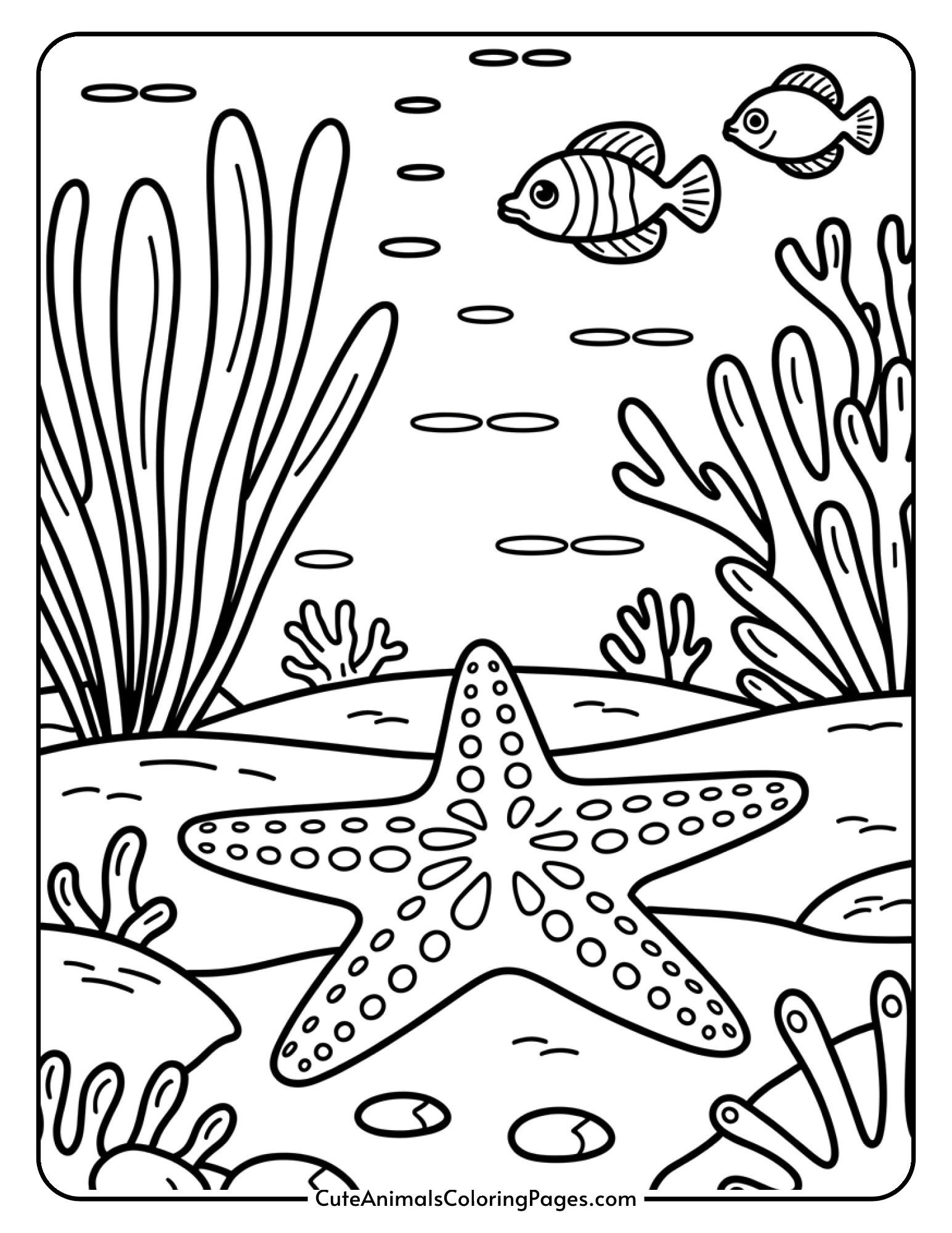 A starfish resting on the ocean floor surrounded by swaying seaweed, small fish, and colorful coral reef.