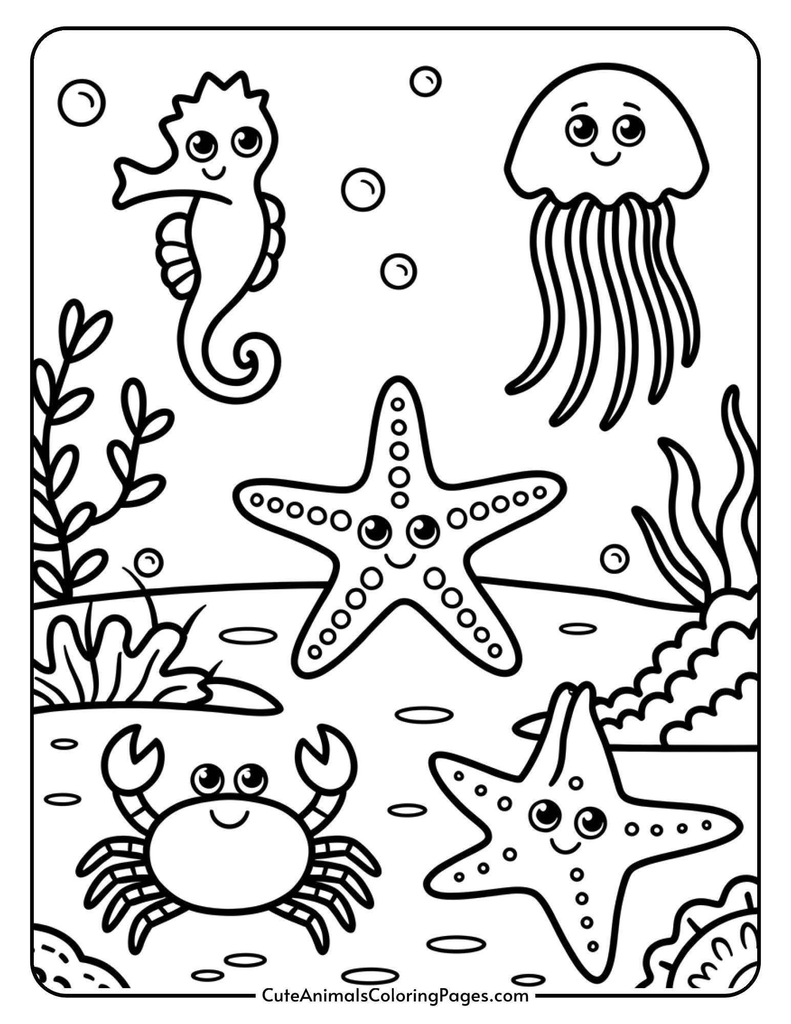 A starfish pictured with ocean friends including a crab, seahorse, and jellyfish swimming together.