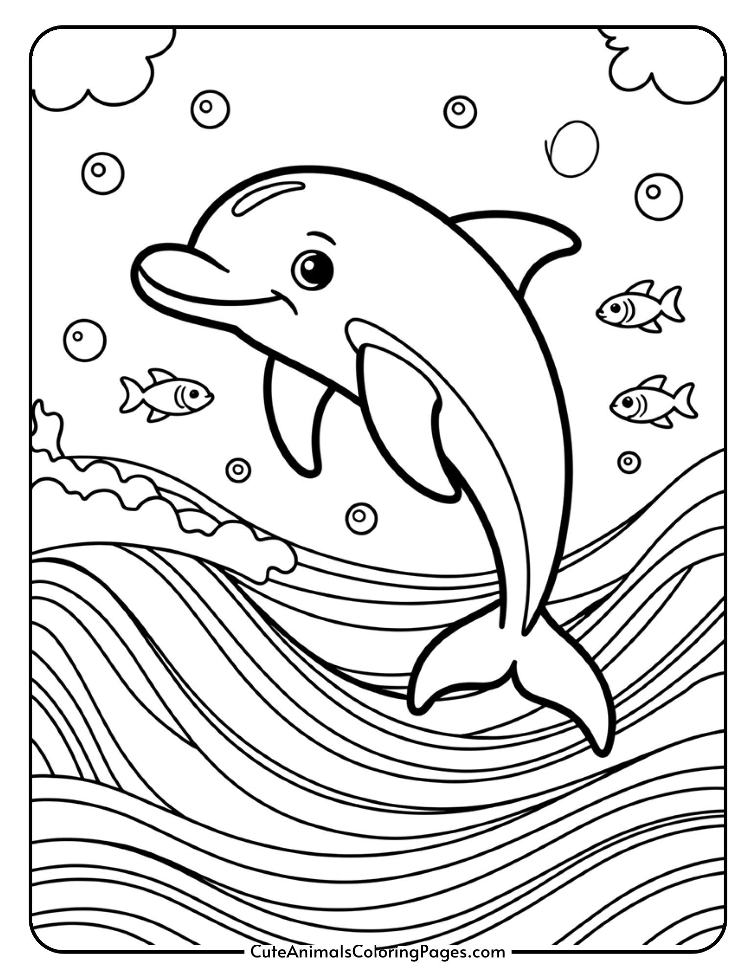A cheerful dolphin leaping through ocean waves surrounded by small fish and bubbles.