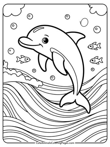 A cheerful dolphin leaping through ocean waves surrounded by small fish and bubbles.