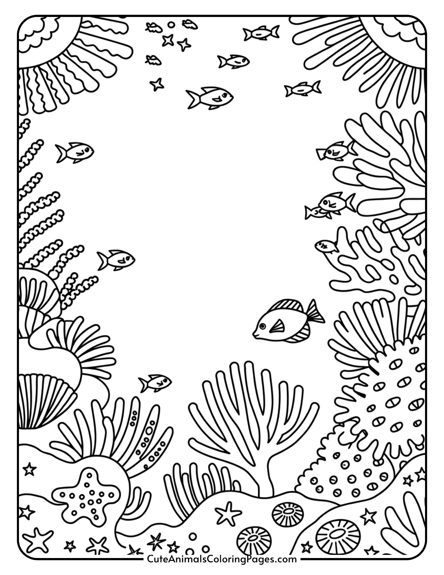 A detailed coral reef scene featuring different coral formations, sea anemones, starfish, and tropical fish.