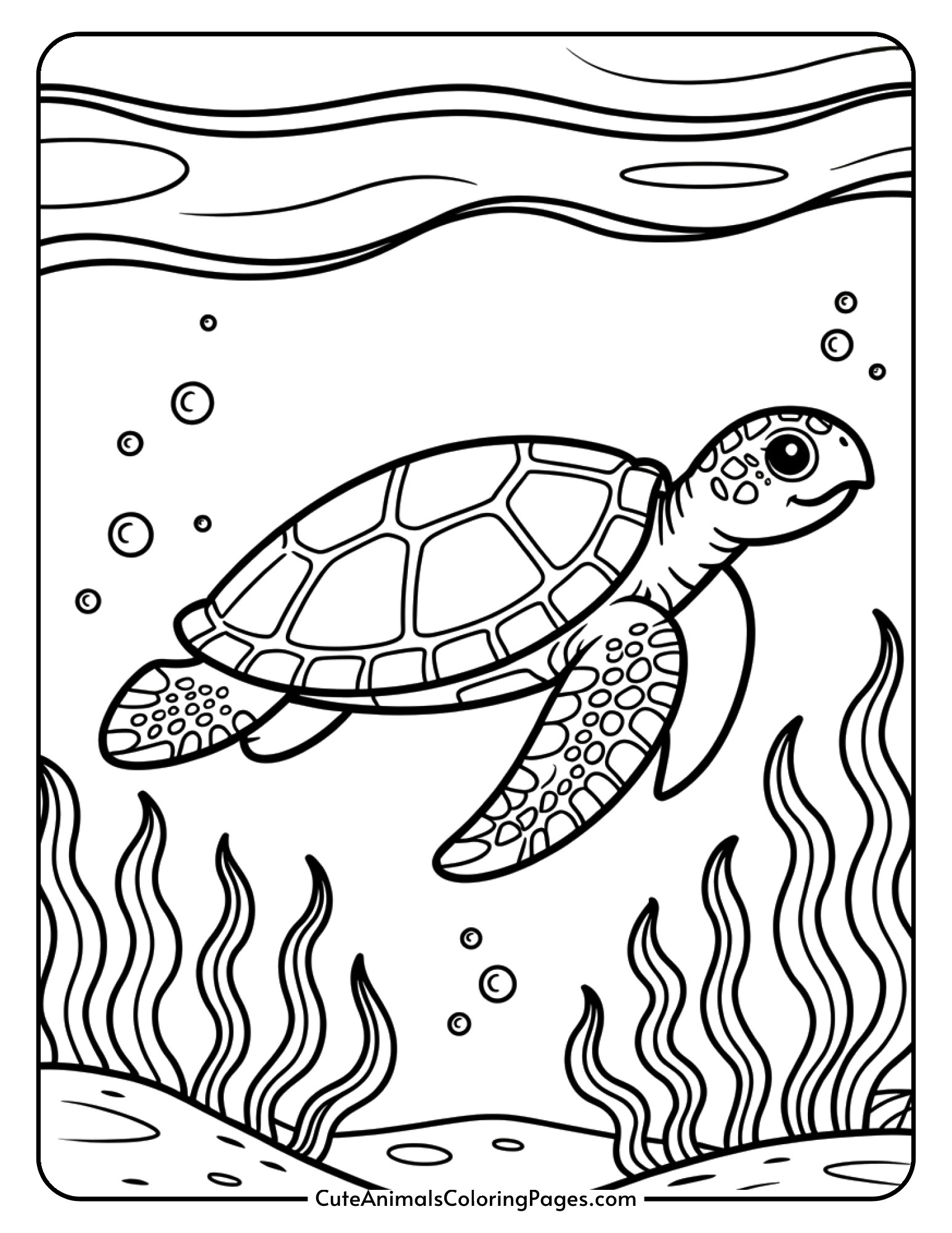 A gentle sea turtle with a detailed patterned shell swimming among seaweed and bubbles.