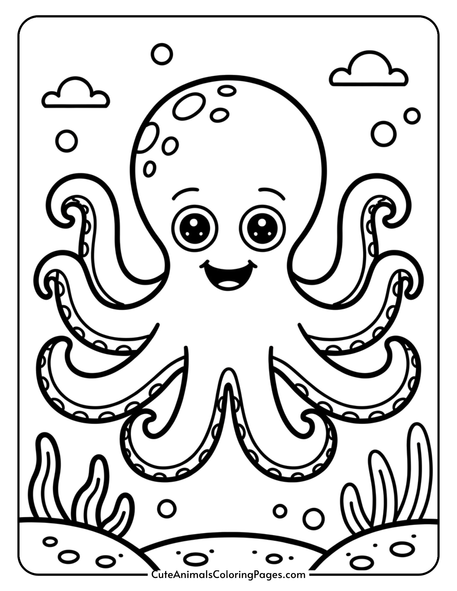 A happy octopus with curly tentacles and a big smile floating near the ocean floor.