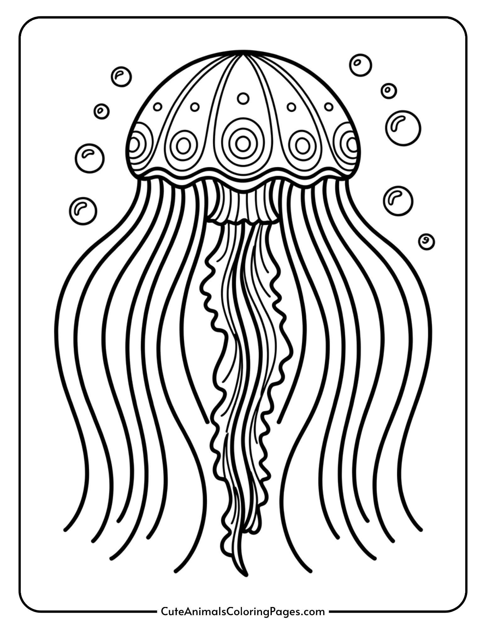 A graceful jellyfish with long flowing tentacles and decorative patterns floating among bubbles.