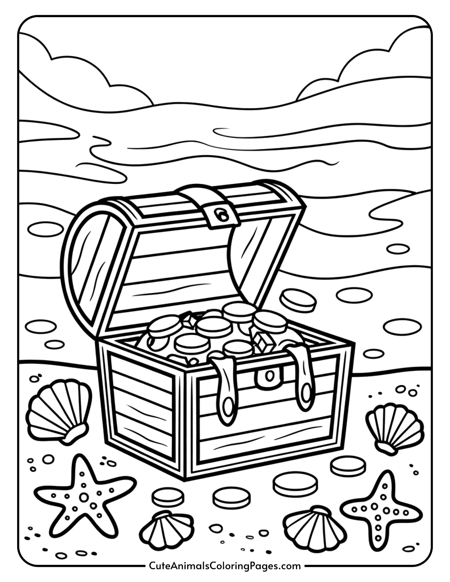 An open wooden treasure chest on the ocean floor with coins and jewels spilling out, surrounded by seashells and starfish.