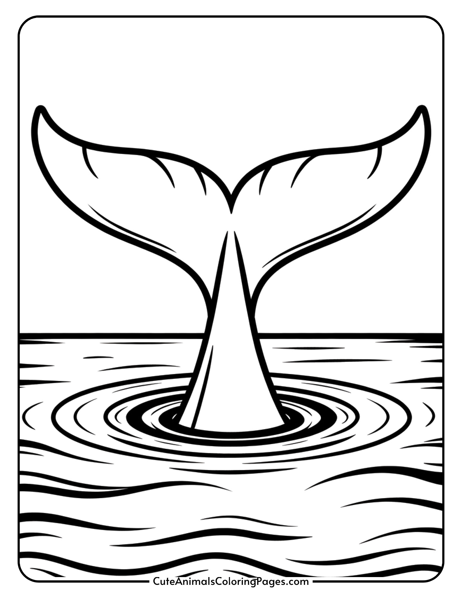 A whale's tail fluke rising out of the ocean with waves splashing around it.