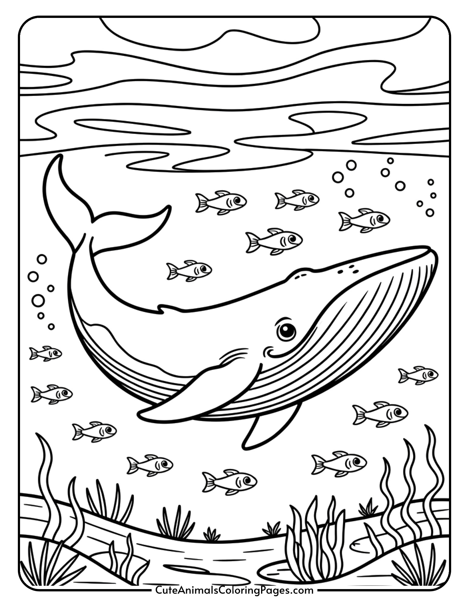 A large blue whale swimming through the ocean surrounded by small fish.