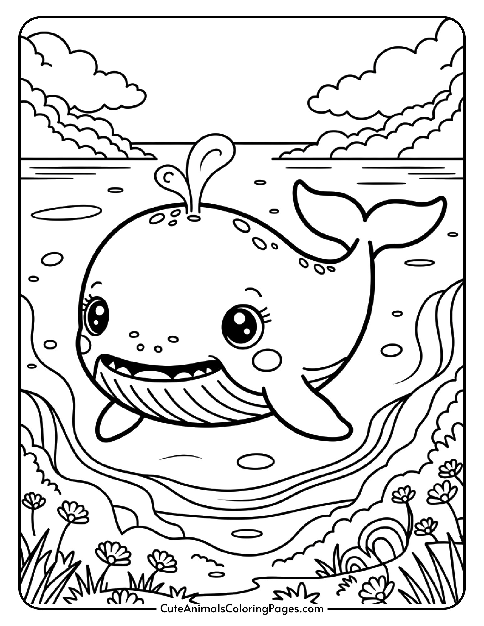 An adorable baby whale with large eyes and tiny fins.