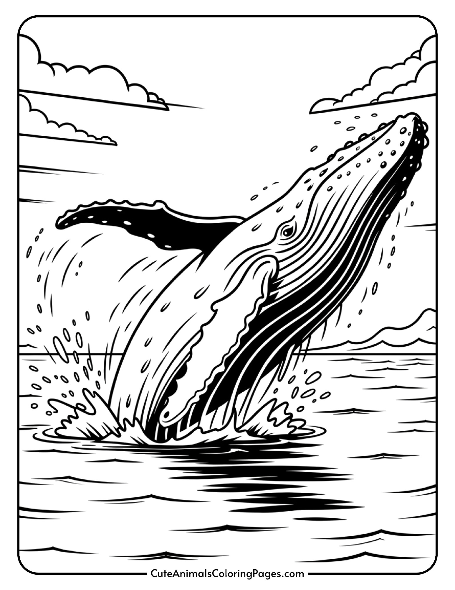 A humpback whale leaping out of the water with big splashes around it.