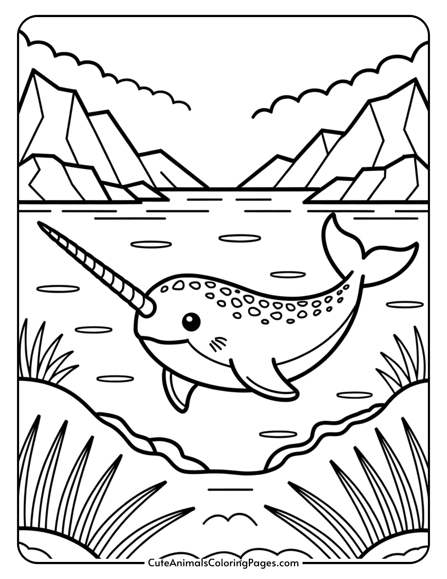 A narwhal with its distinctive long tusk swimming in icy waters.