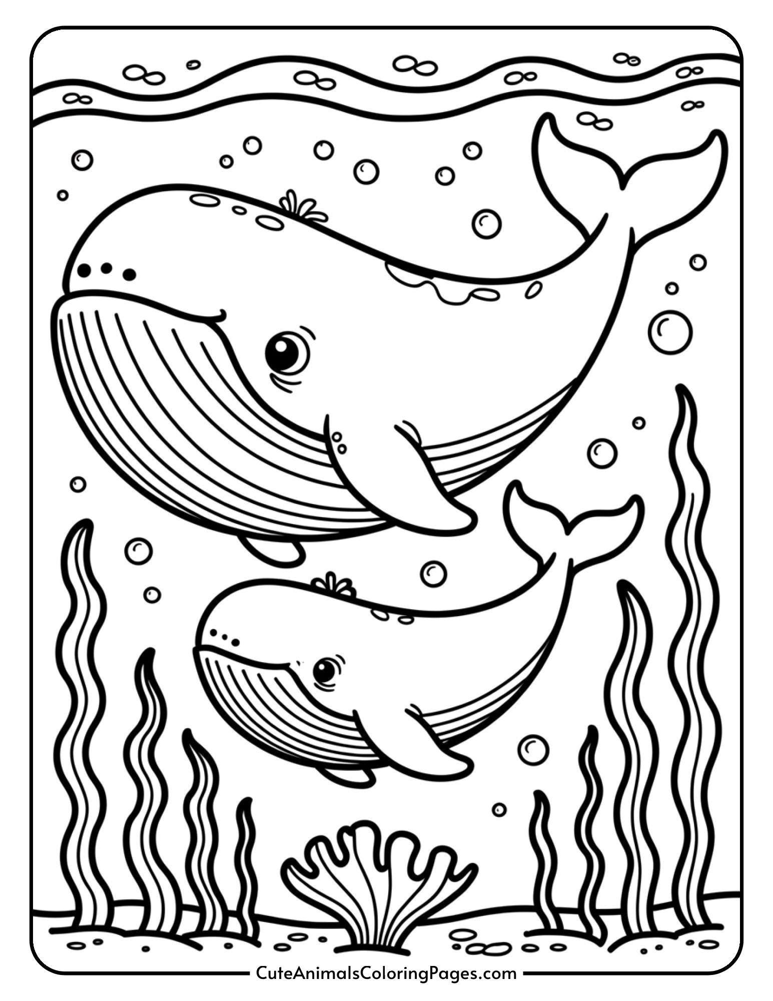 A mother whale and her calf swimming together among seaweed and bubbles.