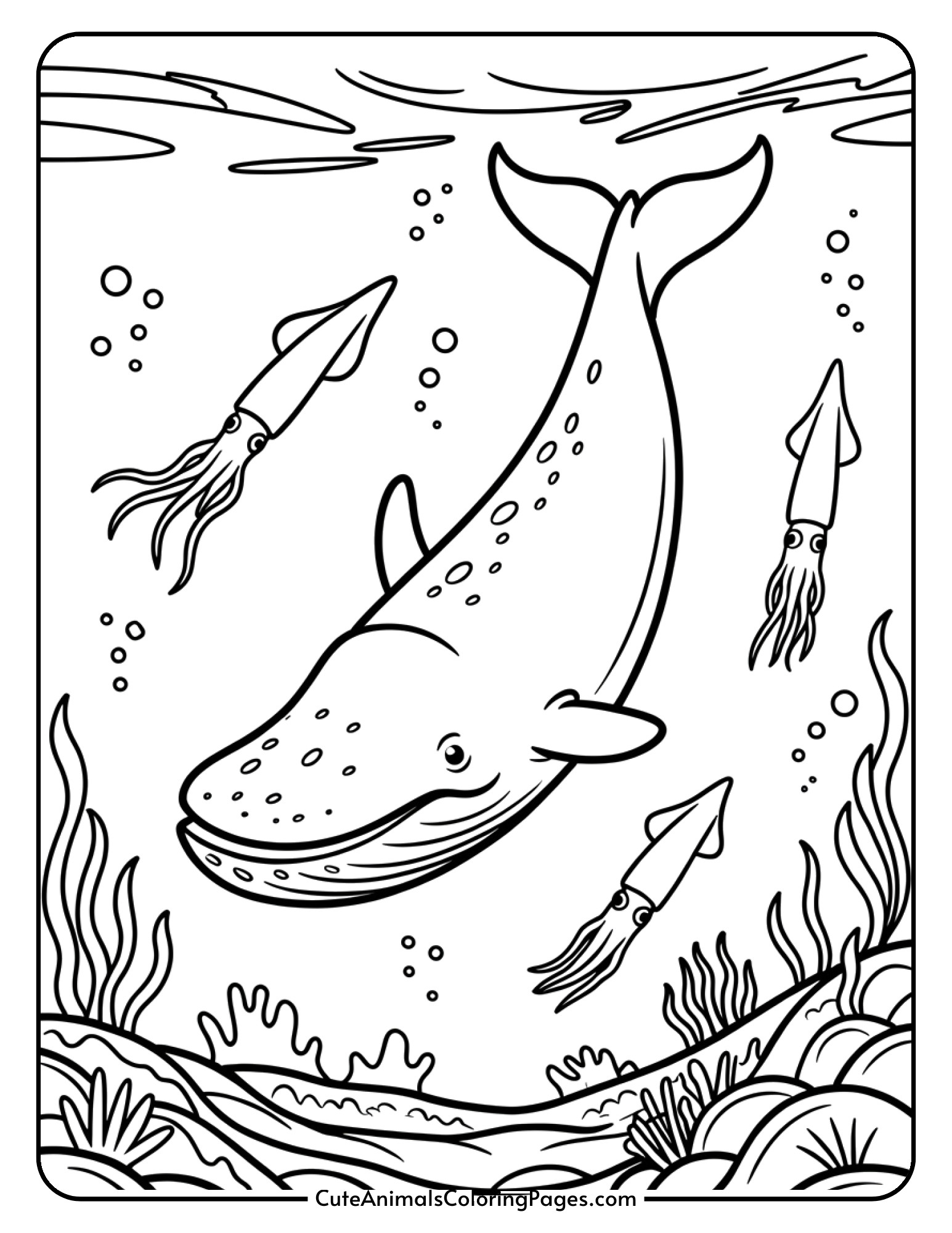 A sperm whale diving into deep water with a squid swimming nearby.