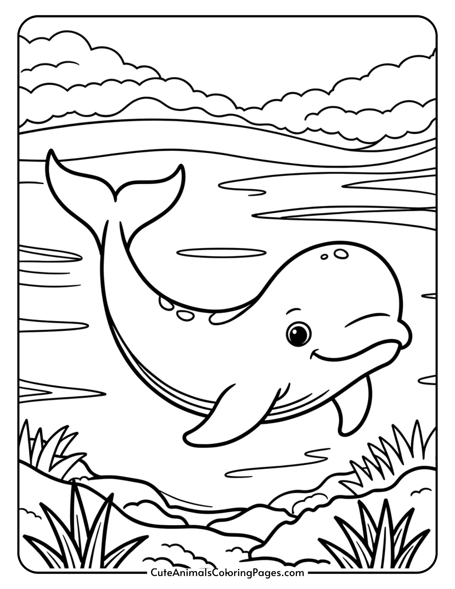 A white beluga whale with its distinctive rounded head and gentle smile.