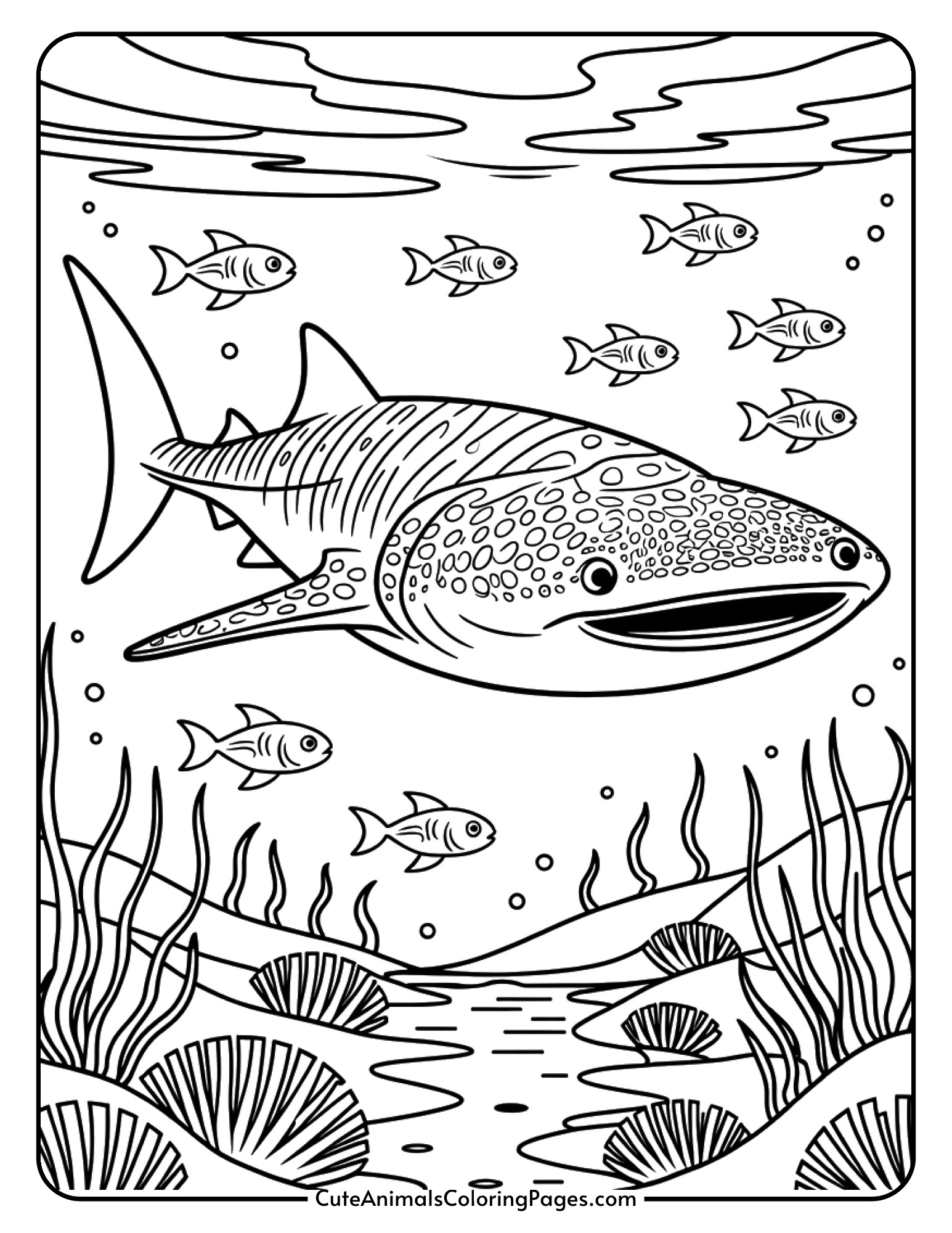 A cheerful whale shark with a friendly smile swimming alongside small tropical fish.