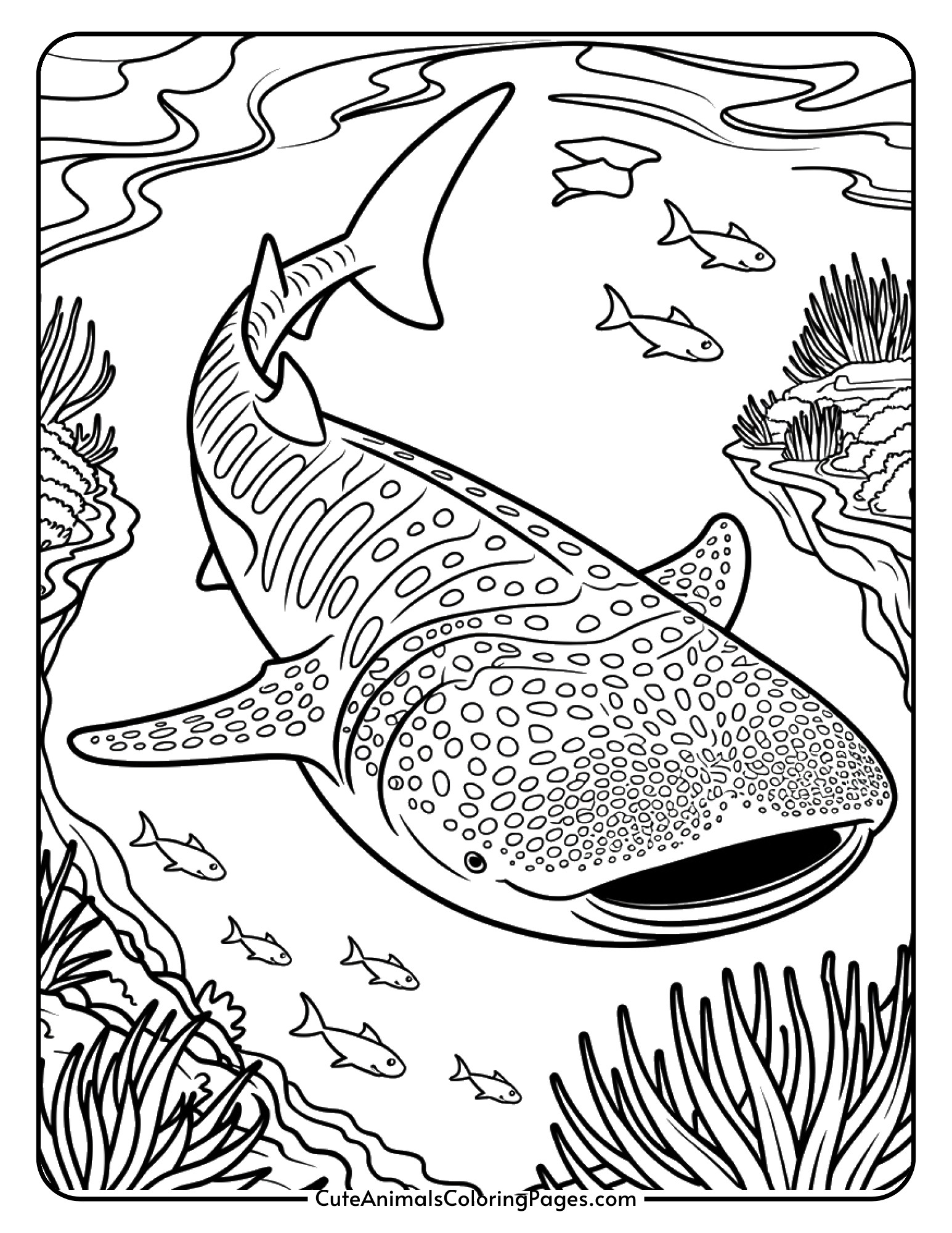A whale shark displaying its characteristic spotted pattern while filter feeding with its mouth open.