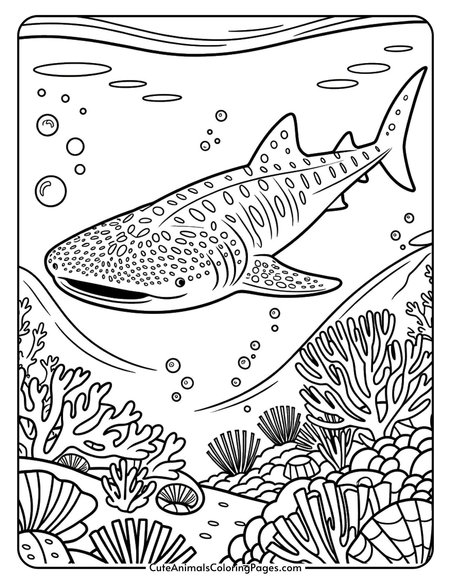 A whale shark gliding past a coral reef surrounded by sea plants and bubbles.