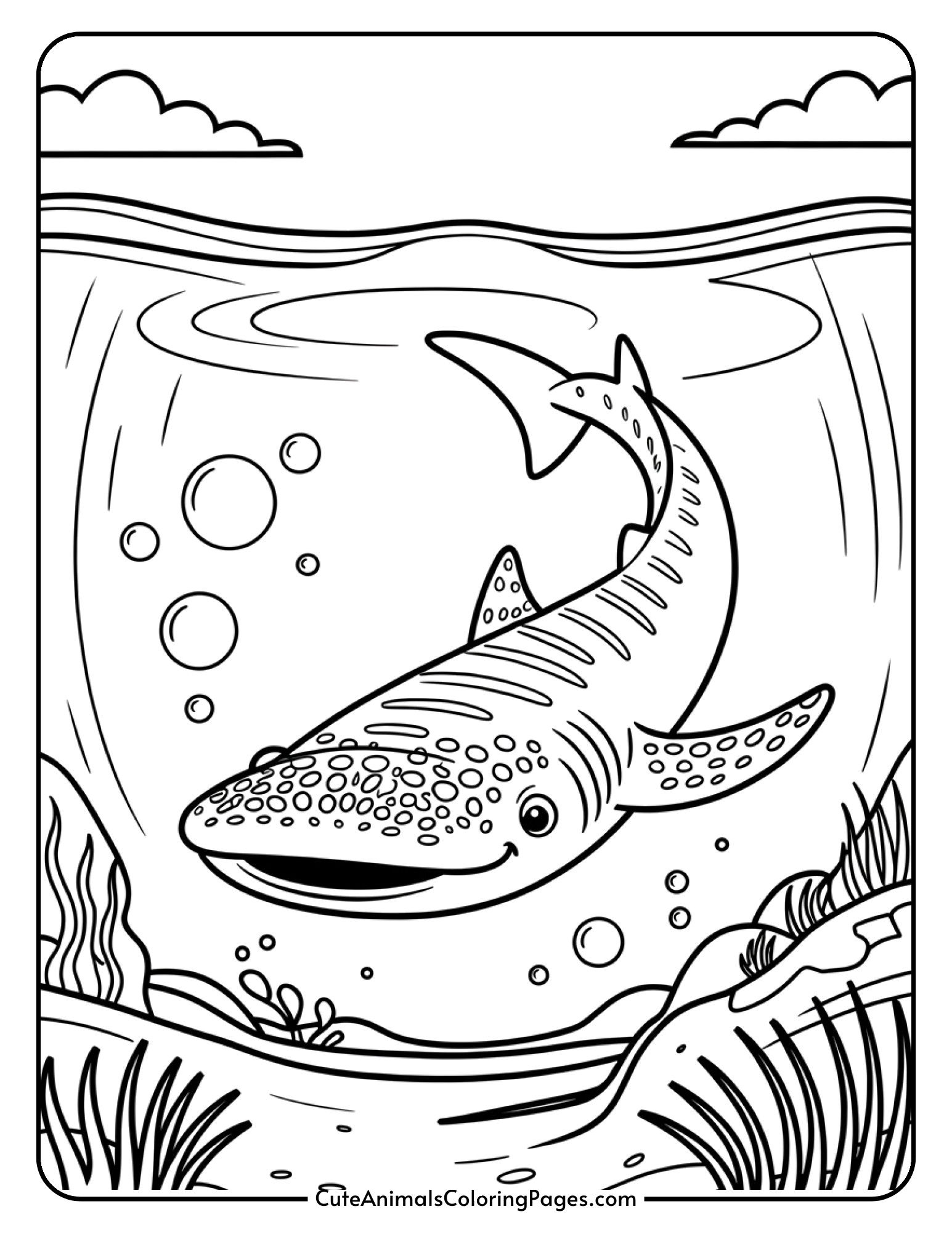 A playful cartoon-style whale shark with exaggerated happy features and a big smile.