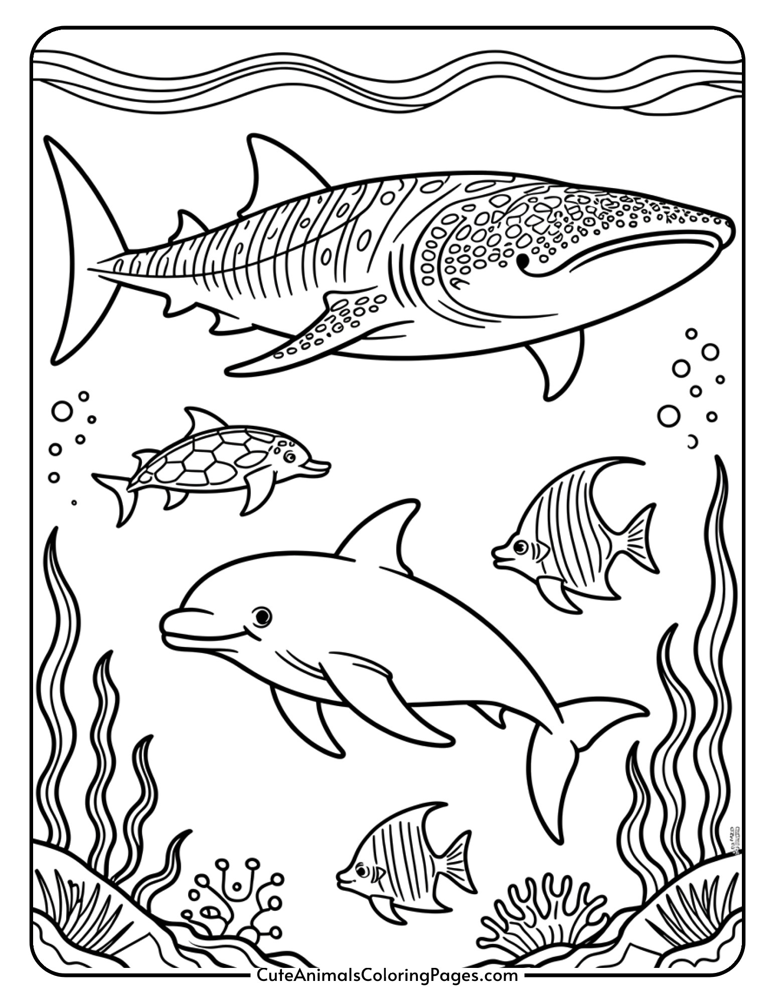 A whale shark swimming peacefully with a sea turtle, dolphin, and various tropical fish.