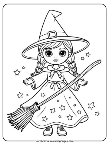 A fashion doll dressed as a glamorous witch holding a decorative broom and wearing a star-covered dress.