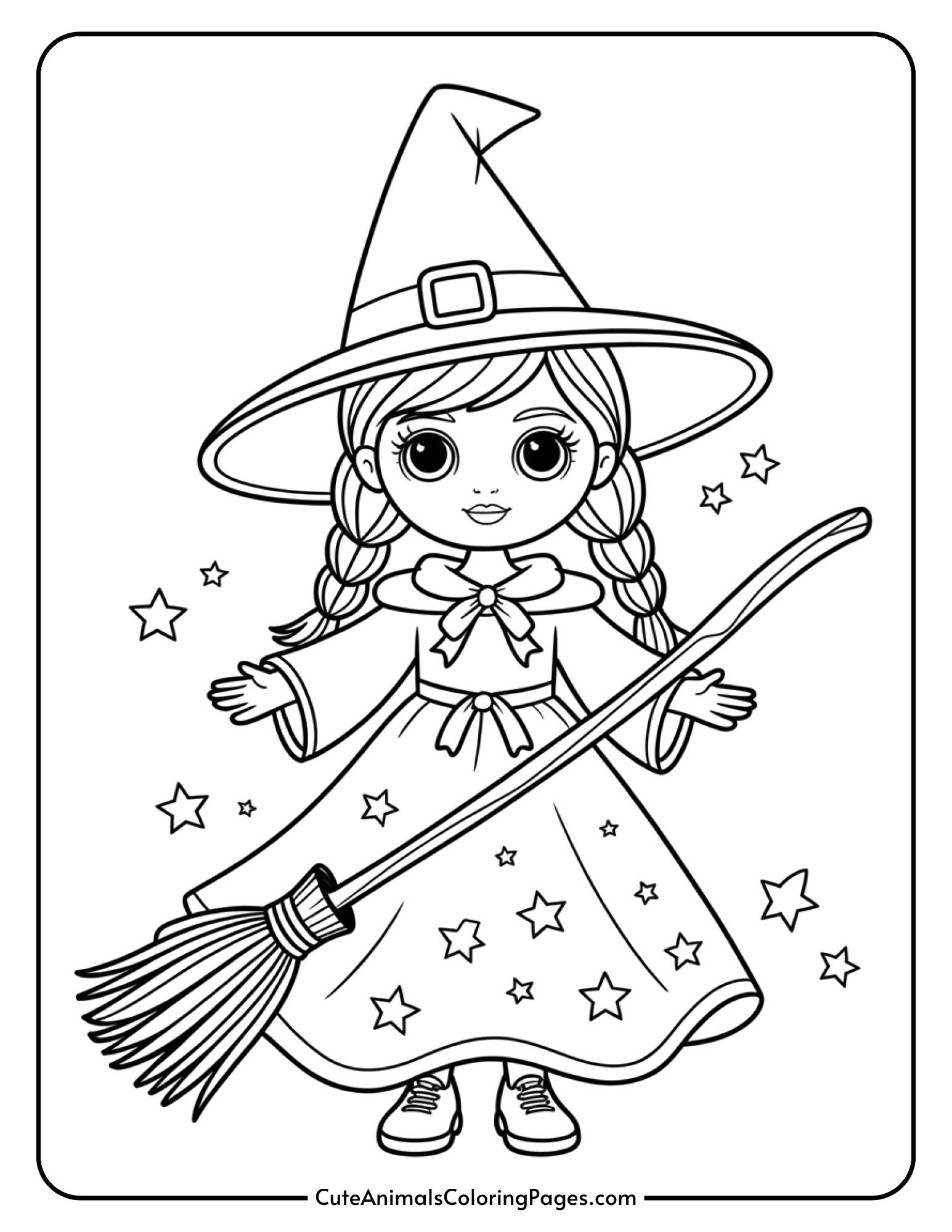 A fashion doll dressed as a glamorous witch holding a decorative broom and wearing a star-covered dress.