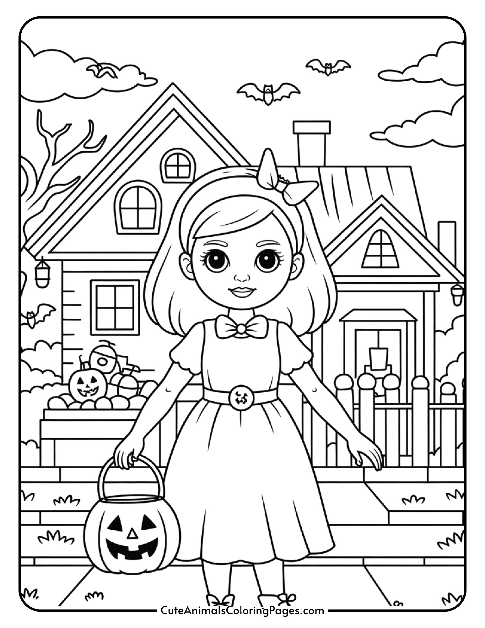 A fashion doll in Halloween costume carrying a pumpkin-shaped candy bucket in front of a decorated house.