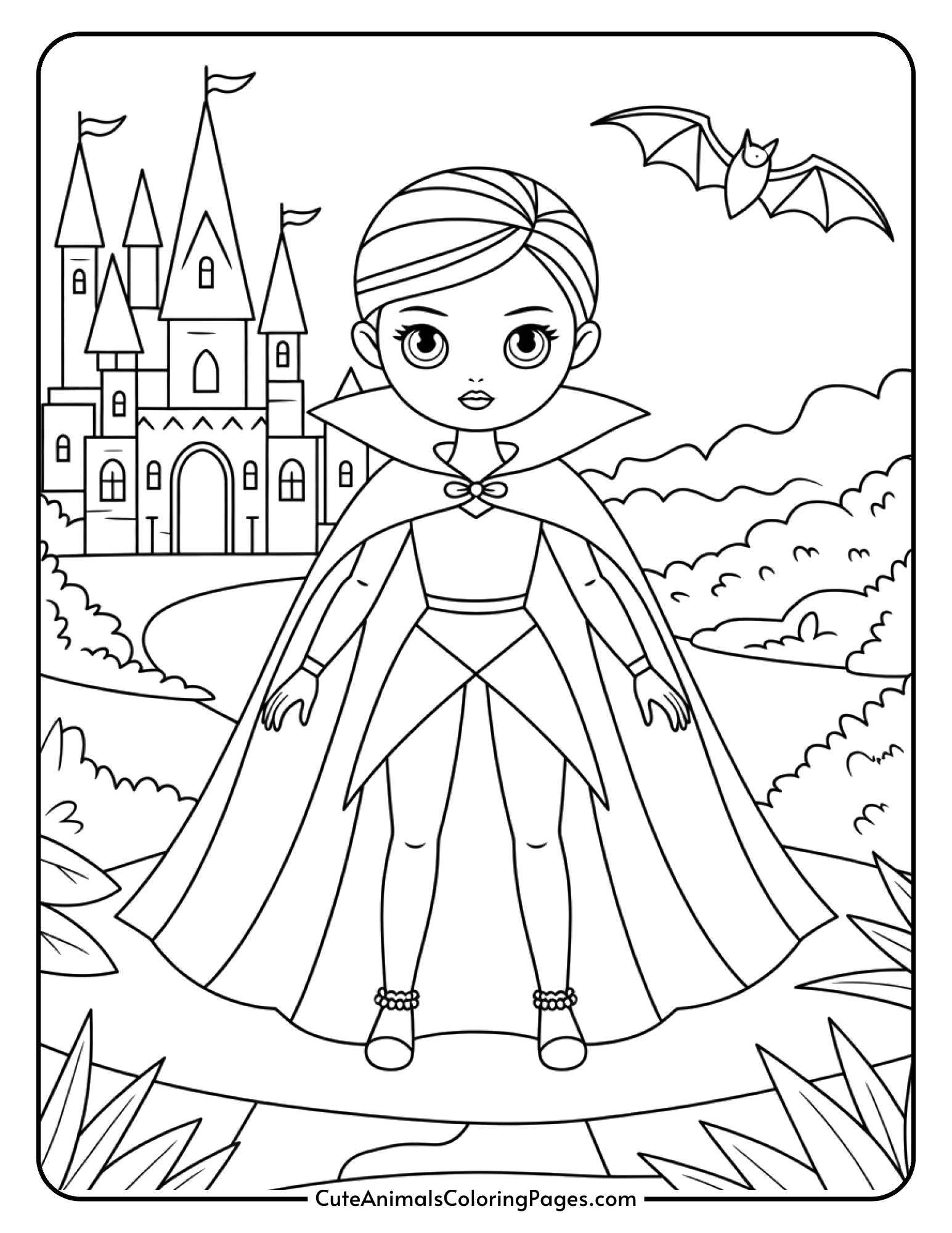 A fashion doll dressed as a vampire with a dramatic cape and gothic-style dress in front of a spooky castle.
