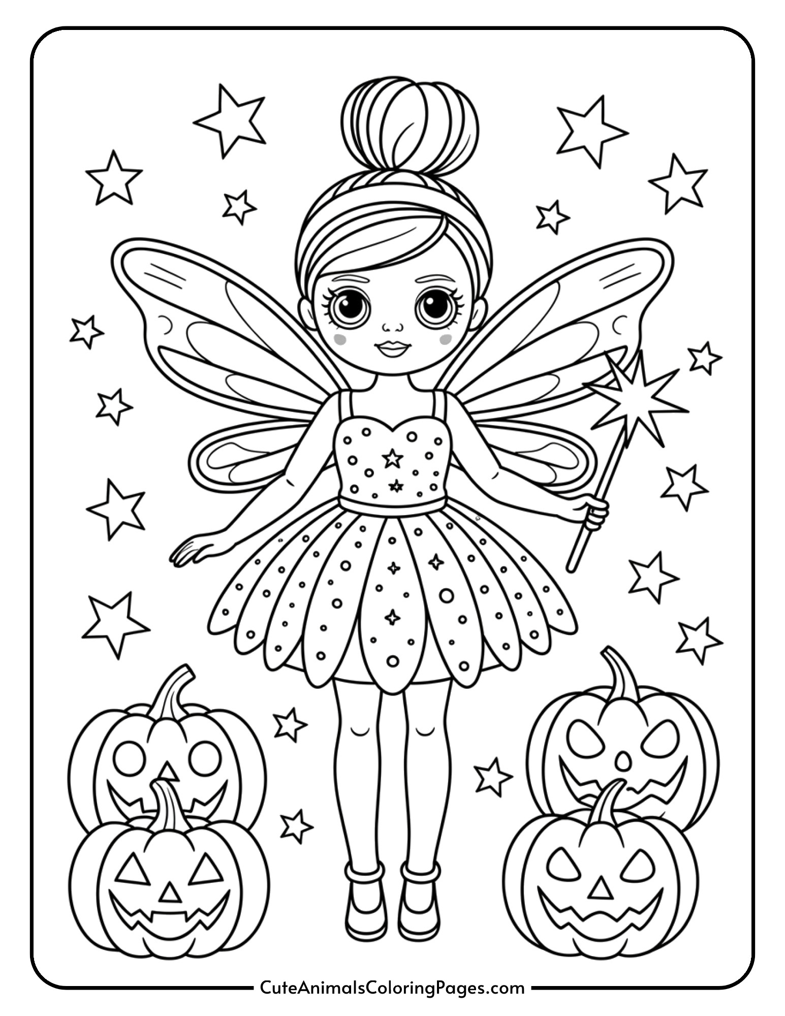 A fashion doll dressed as a fairy with decorative wings and a magic wand among Halloween pumpkins.