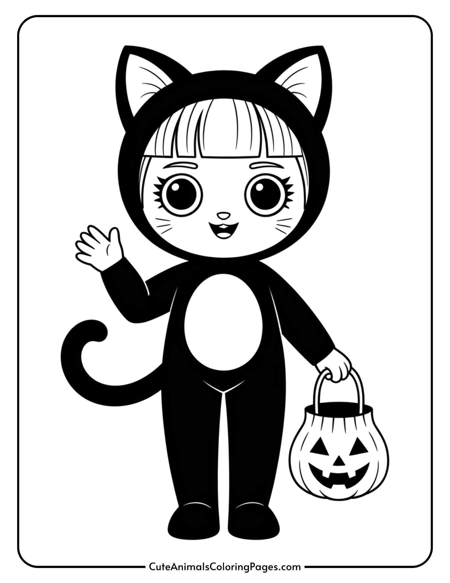 A fashion doll wearing a playful cat costume with ears and a tail while holding a Halloween candy bag.