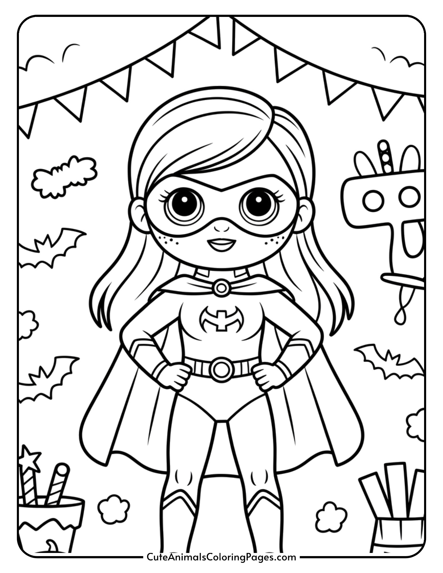 A fashion doll dressed as a superhero with a flowing cape and mask at a decorated Halloween party.