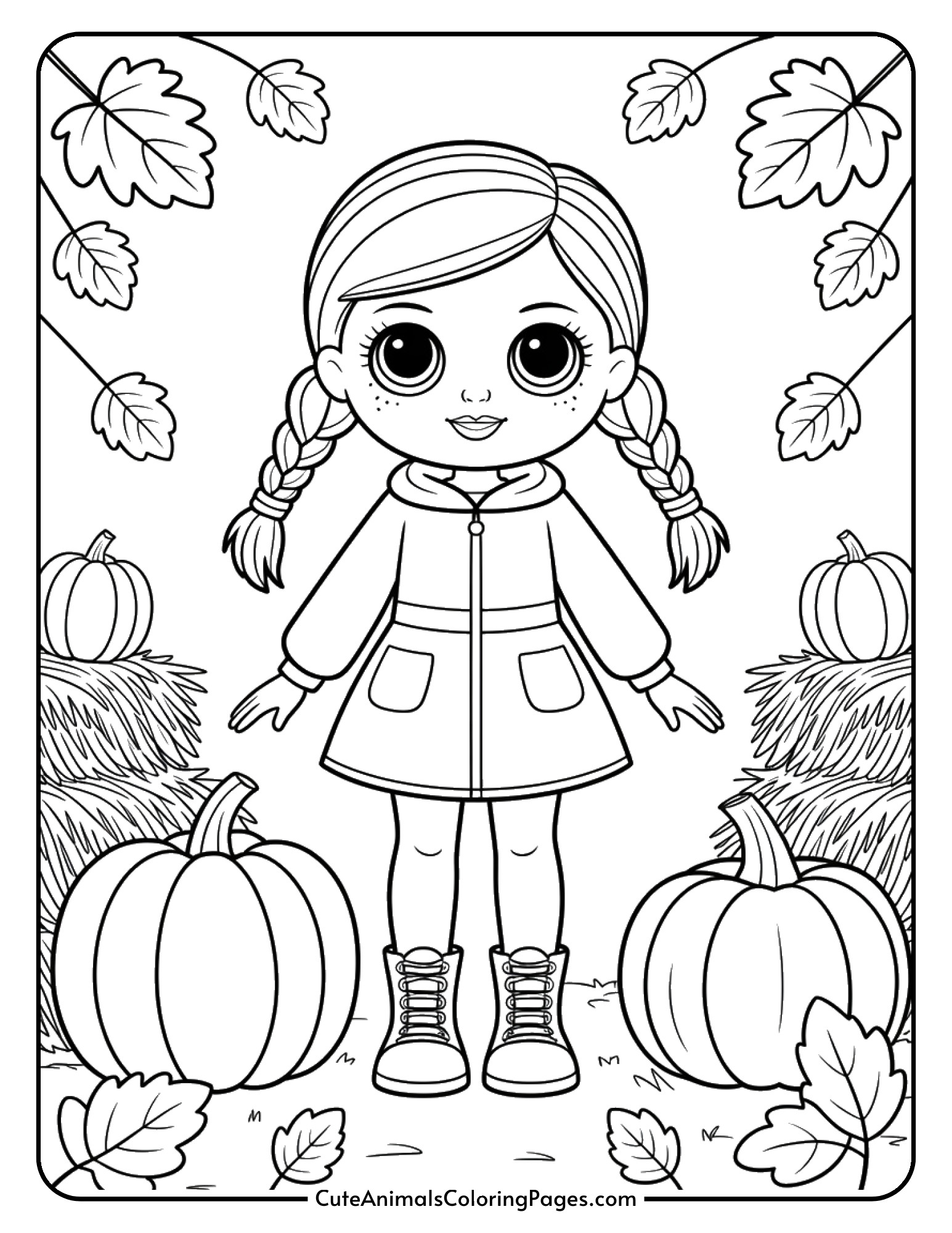 A fashion doll in a cozy autumn outfit surrounded by pumpkins, hay bales, and colorful fall leaves.