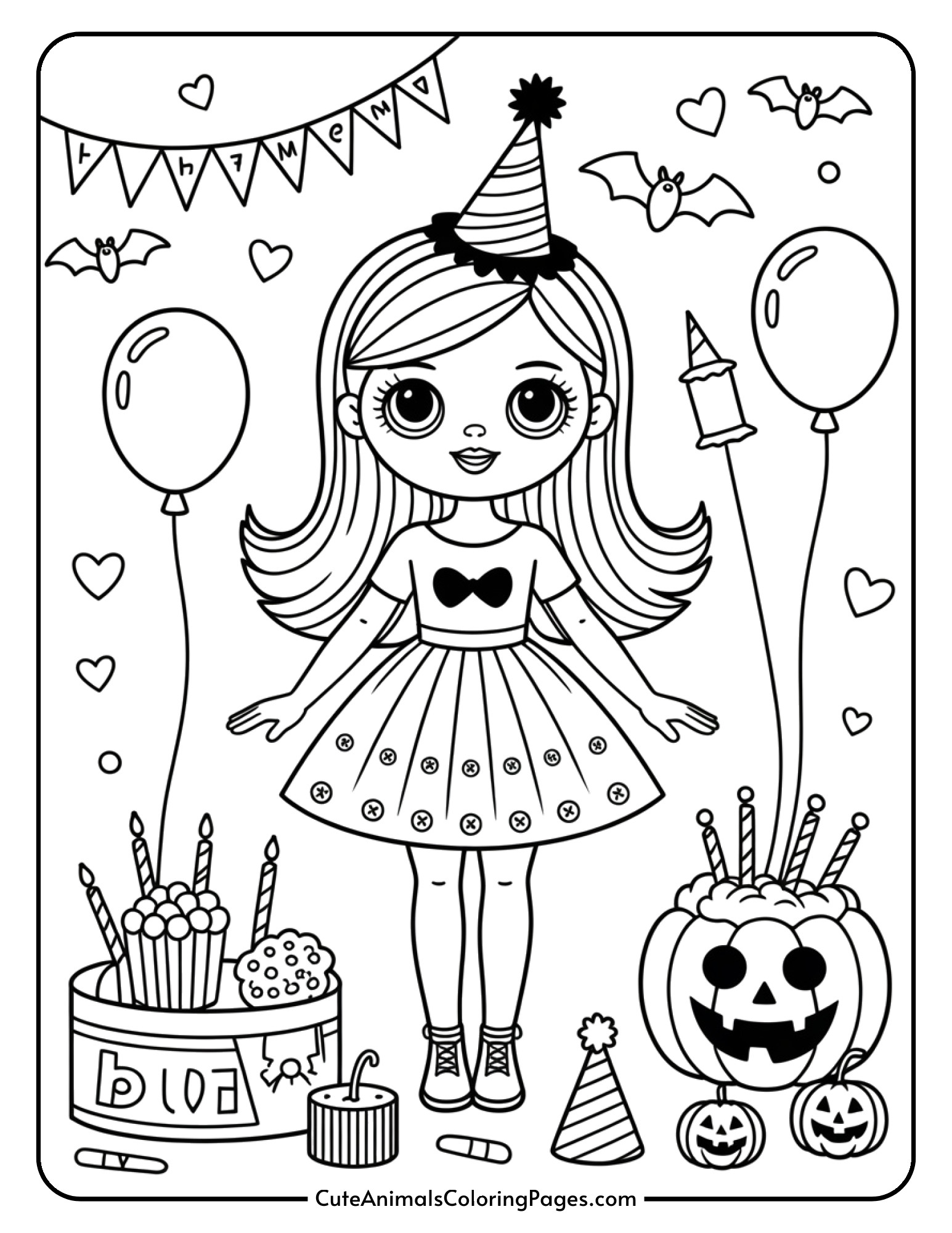 A fashion doll wearing a festive party dress at a Halloween celebration with balloons and decorations.